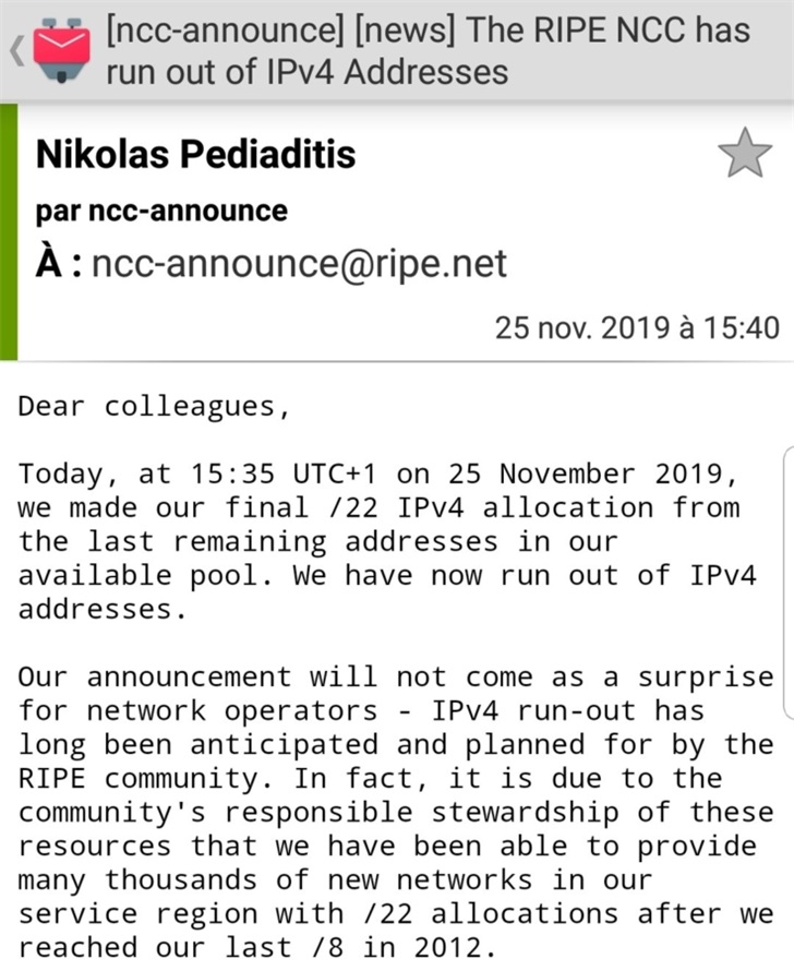 Nikolas Pediaditis发布全球IPv4地址正式耗尽